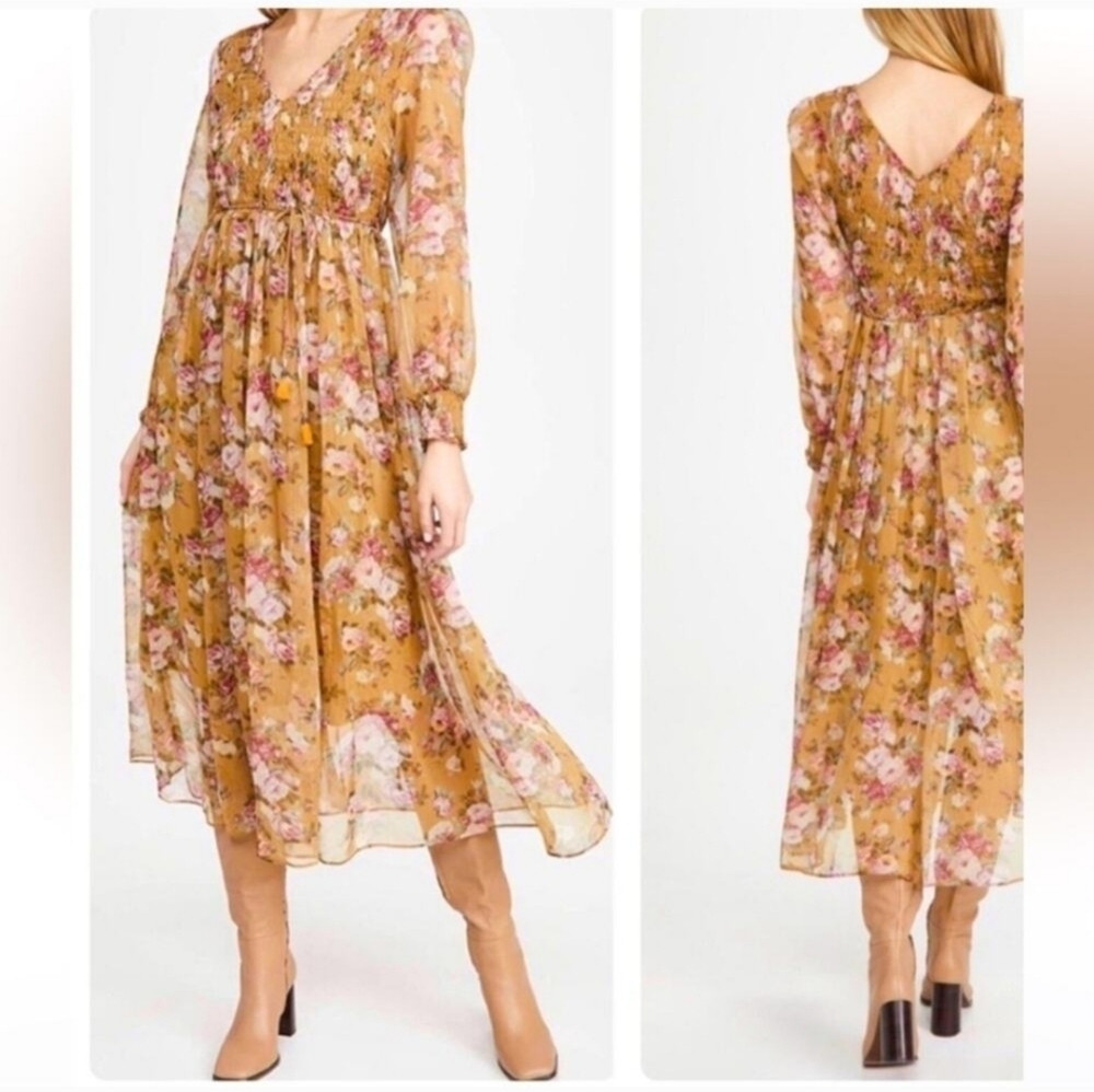 O.P.T Floral Long Sleeve Chiffon Midi Dress Small